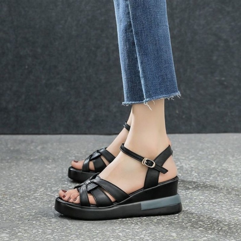 Fashion Comfortable Slope Heel Sandal Summer New Womens Casual Retro Hollow Button OpenToe Sandals 3