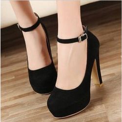 womens sexy super high heels, black flock chunky platform pumps with ankle buckle square heel for fashion party style