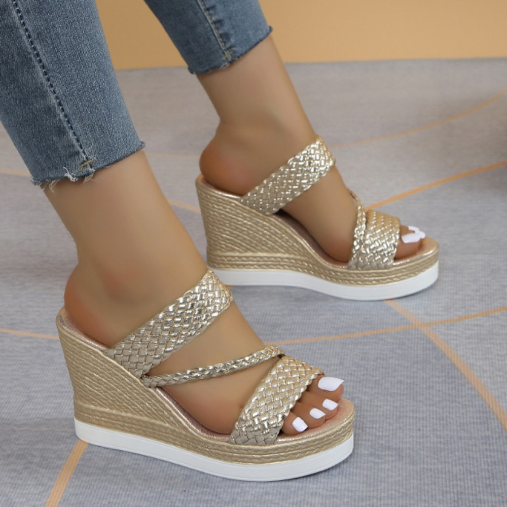 Womens Fashion Pearl Rhinestone Wedge Sandals, Summer Platform Slides, Elegant High Heel Casual Ladies Slippers