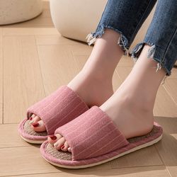 fashion stripe flax indoor slippers for women, non-slip, soft sole, comfortable spring & autumn bedroom flat shoes