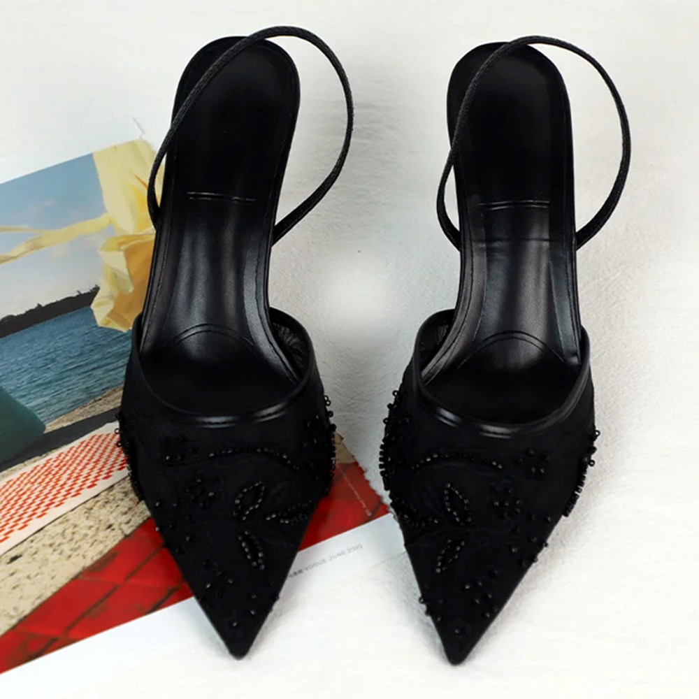 Elegant Black Mesh Embroidery Women Pumps, Sexy Pointed Toe Beaded High Heels & Designer Summer Party Heeled Sandals