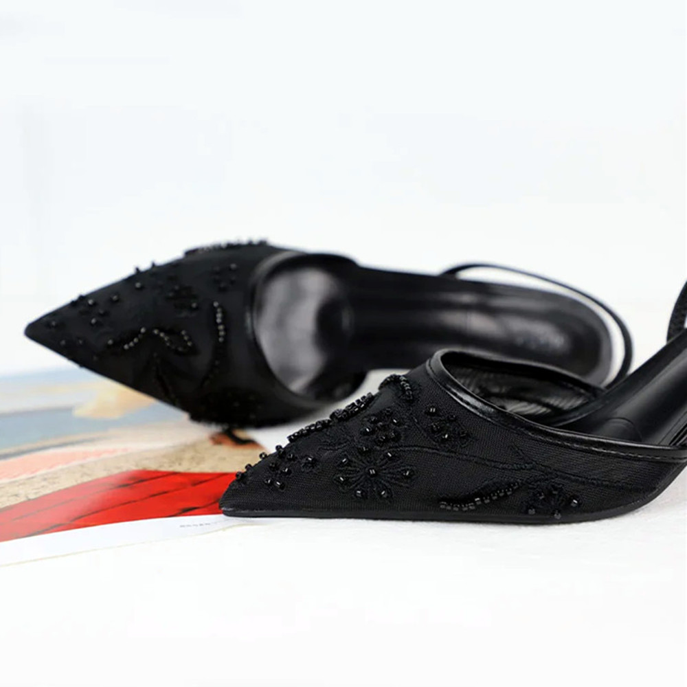 Elegant Black Mesh Embroidery Women Pumps, Sexy Pointed Toe Beaded High Heels & Designer Summer Party Heeled Sandals