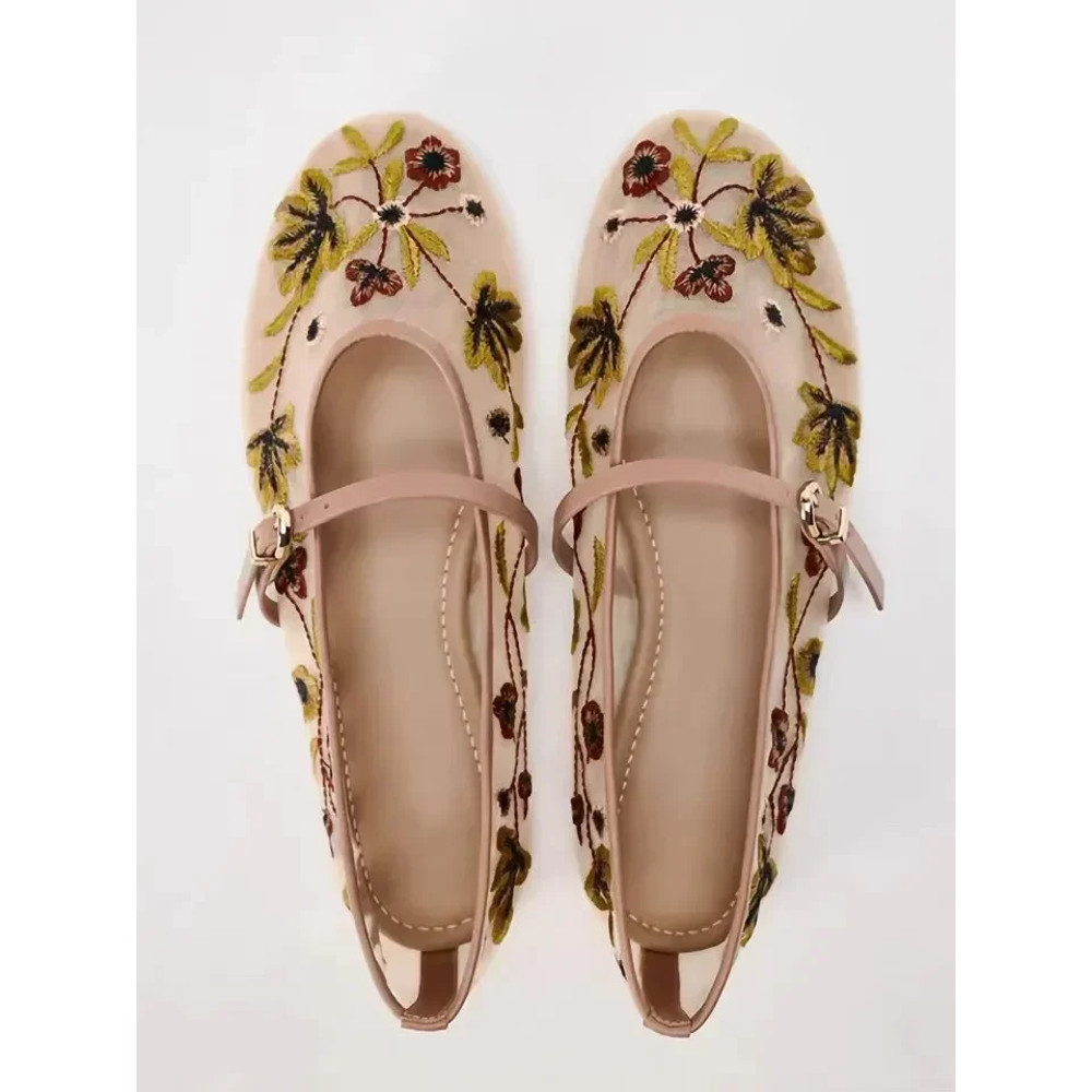 Luxury Designer Mesh Breathable Ballet Flats Women Embroidered Flower Mary Jane Shoes Lightweight L 5