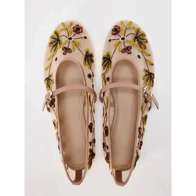 Luxury Designer Mesh Breathable Ballet Flats Women Embroidered Flower Mary Jane Shoes Lightweight L 5