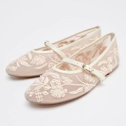 fashion embroidery pearl mesh ballet flats women, hollow round toe flat sandals with elegant belt buckle design