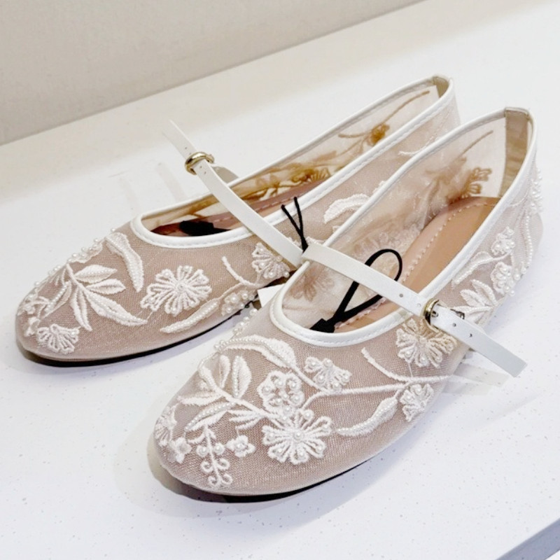 Fashion Embroidery Pearl Mesh Ballet Flats Women Hollow Round Toe Flat Sandals With Elegant Belt Bu 5