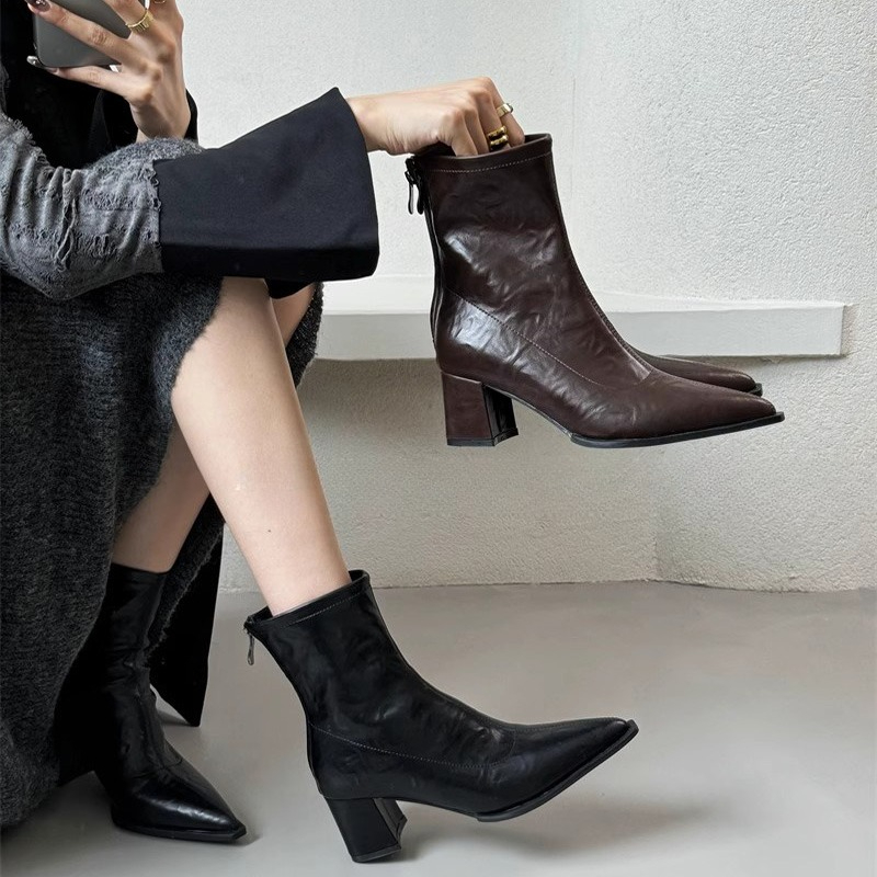 Elegant High Heel Pointed Toe Women Ankle Boots Slim Short Booties For Autumn Winter Ladies 0