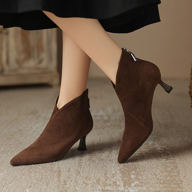 Elegant Vintage Pointed Toe Women Ankle Boots Fashion Back Zipper Short Booties For Autumn Winter 1