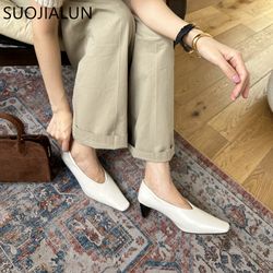 elegant autumn women pumps shoes, stylish shallow slip on square high heel single shoes for ladies dress and office out