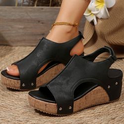 chic womens sandals high heels with wedges, summer platform peep toe heeled slippers sandals