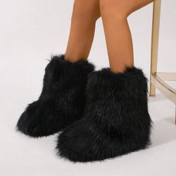 fashion luxury women faux fur boots, warm fluffy mid calf snow boots, plush winter furry boots for comfort & style