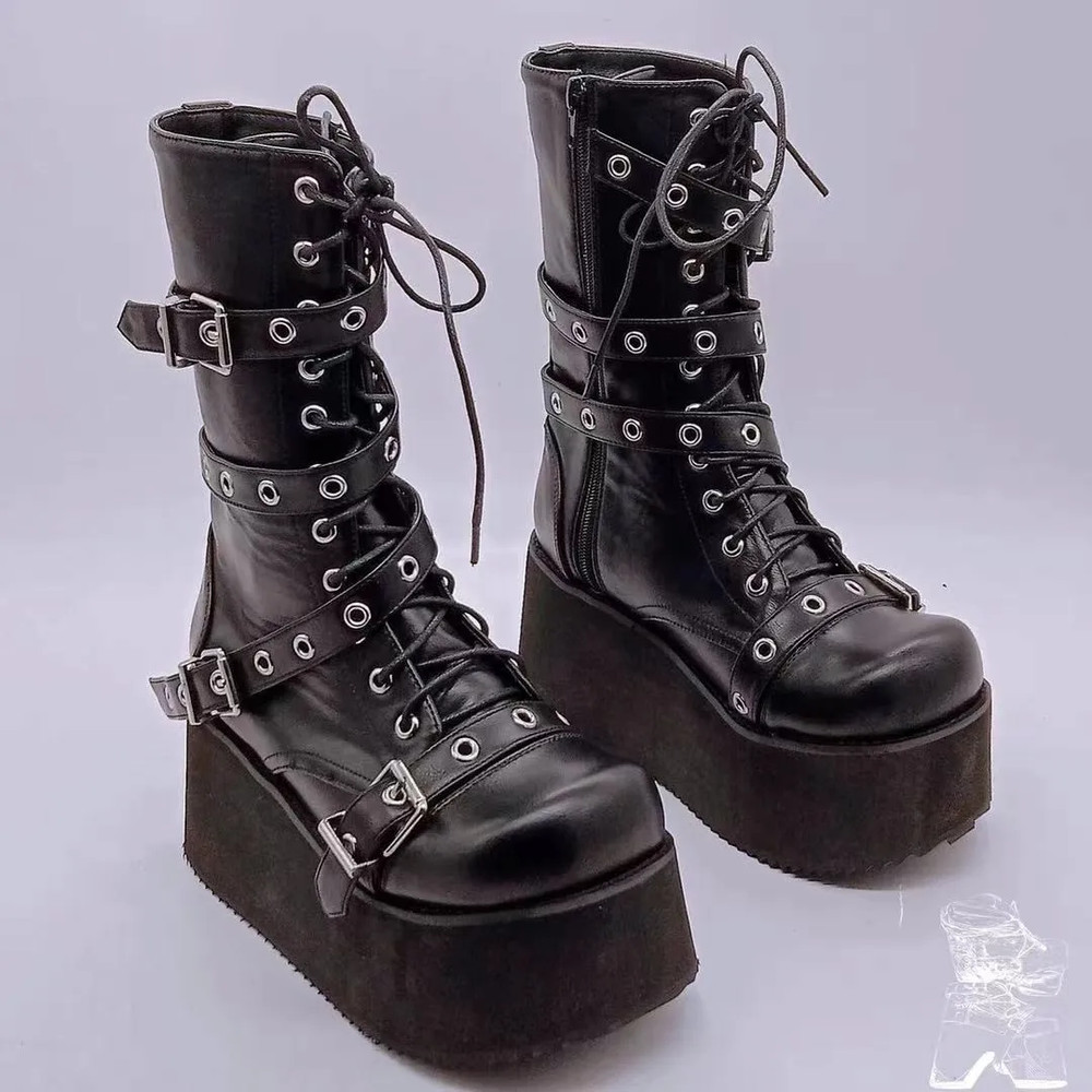Trendy Autumn Women Boots Buckle Wedges Platform Combat Boots Punk Goth Street Style Round Toe Boot 0
