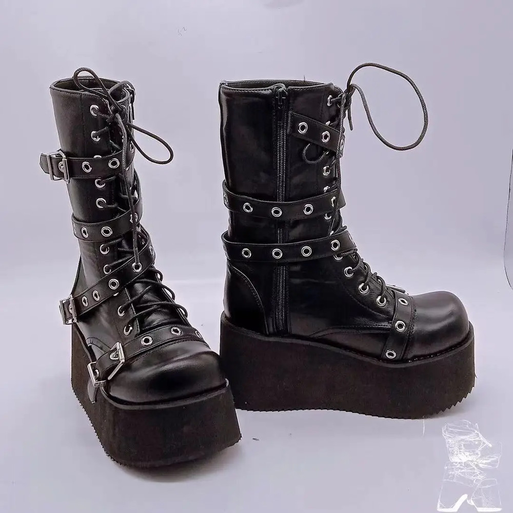 Trendy Autumn Women Boots Buckle Wedges Platform Combat Boots Punk Goth Street Style Round Toe Boot 4
