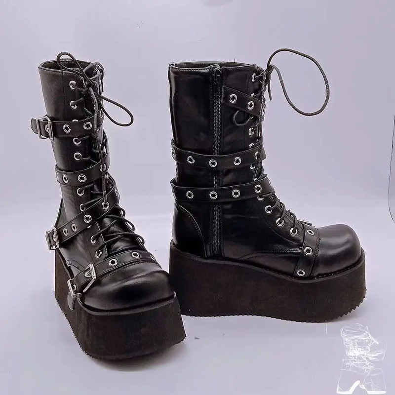 Trendy Autumn Women Boots Buckle Wedges Platform Combat Boots Punk Goth Street Style Round Toe Boot 4