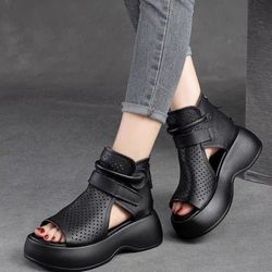 retro sandals boots hollow for women, thick sole breathable hole shoes, fish mouth design, summer hook & loop comfort