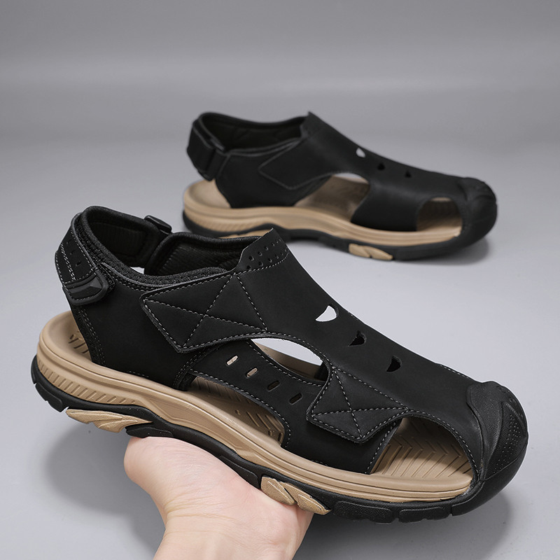 Mens Genuine Leather Summer Sandals Breathable Outdoor Fashion Flats  Antiskid Beach Shoes 0