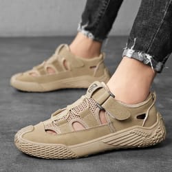 mens breathable leather hiking shoes, lightweight outdoor non-slip mesh footwear for comfortable summer adventures