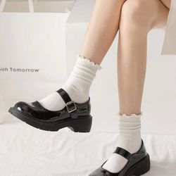 breathable ruffle socks for women, middle tube short ankle black & white set for spring and autumn wear