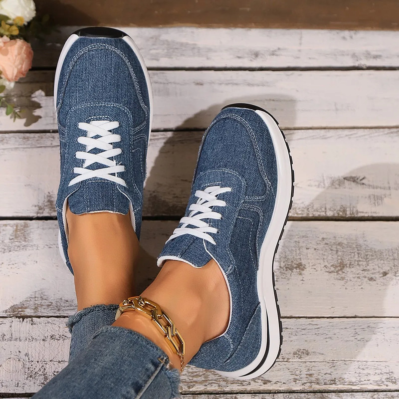 Womens Blue Denim Thick Sole Sneakers, Fashion Lace Up Platform Casual Sports