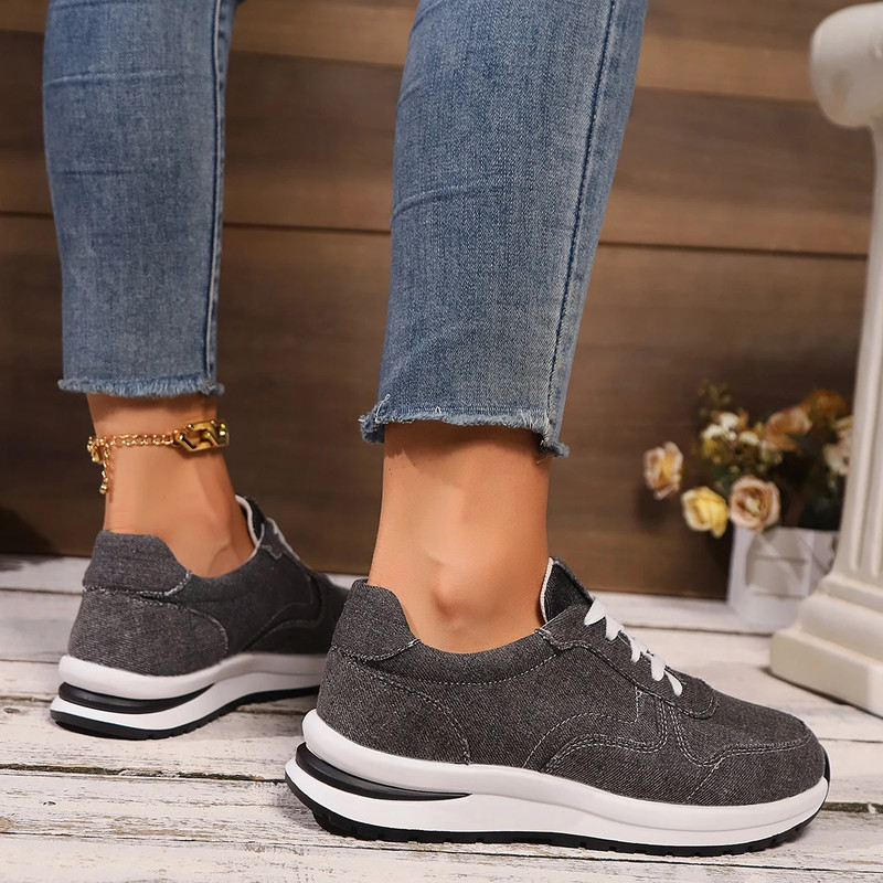 Womens Blue Denim Thick Sole Sneakers, Fashion Lace Up Platform Casual Sports