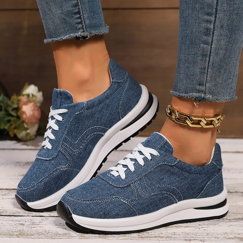 Womens Blue Denim Thick Sole Sneakers, Fashion Lace Up Platform Casual Sports