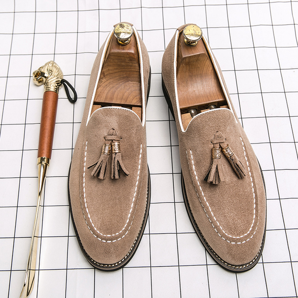 Designer Mens Moccasins, Fashion Brand Men's Suede Tassel Leather Slip-on Shoes, Retro Pointed Banquet Social Driving