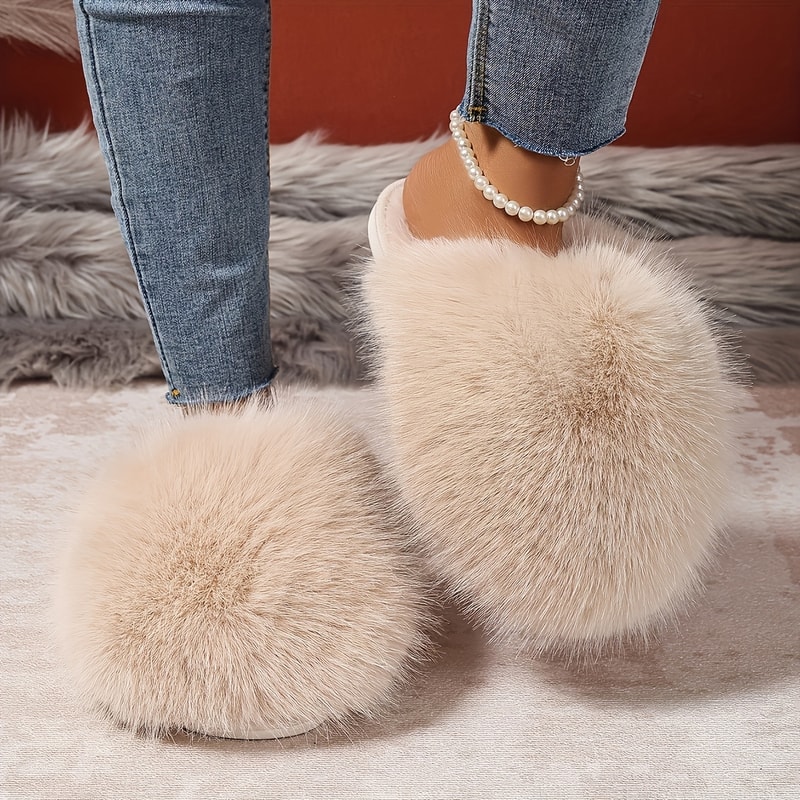 Korean Style Faux Fur Slippers For Women Pure Color Warm House Shoes Indoor Outdoor Flat Non Slip C 4