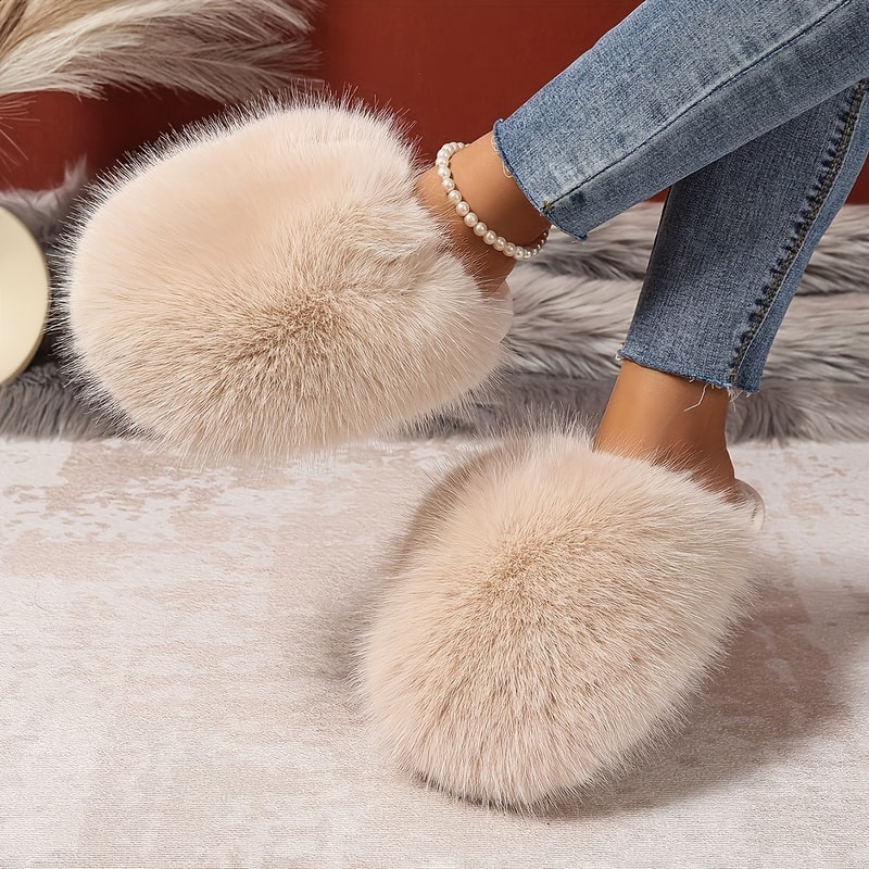 Korean Style Faux Fur Slippers For Women Pure Color Warm House Shoes Indoor Outdoor Flat Non Slip C 5