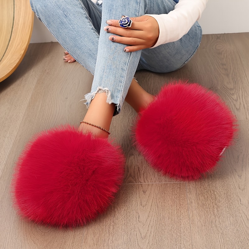 Korean Style Faux Fur Slippers For Women Pure Color Warm House Shoes Indoor Outdoor Flat Non Slip C 3