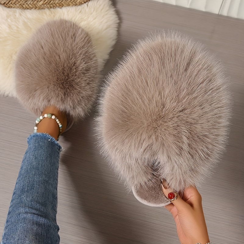 Korean Style Faux Fur Slippers For Women Pure Color Warm House Shoes Indoor Outdoor Flat Non Slip C 10