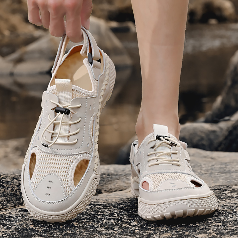 Men's Summer Leather Toe Cap Sandals, Outdoor Sports Tide Style, Handmade Hollow Mesh Beach Shoes