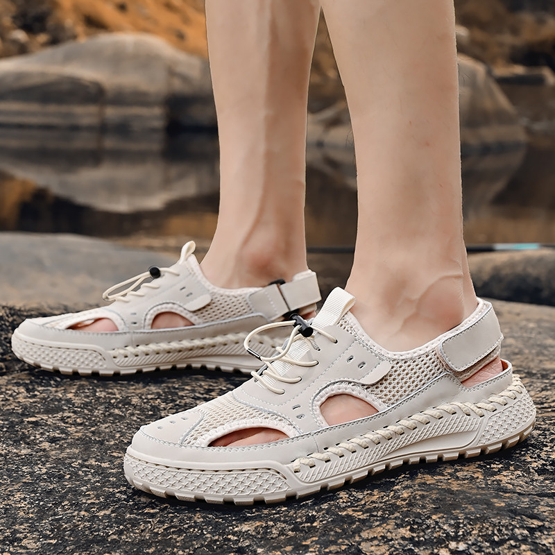 Men's Summer Leather Toe Cap Sandals, Outdoor Sports Tide Style, Handmade Hollow Mesh Beach Shoes