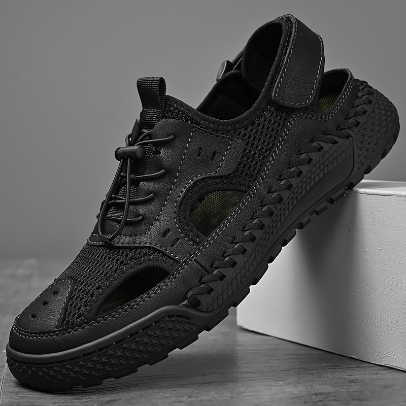 Men's Summer Leather Toe Cap Sandals, Outdoor Sports Tide Style, Handmade Hollow Mesh Beach Shoes