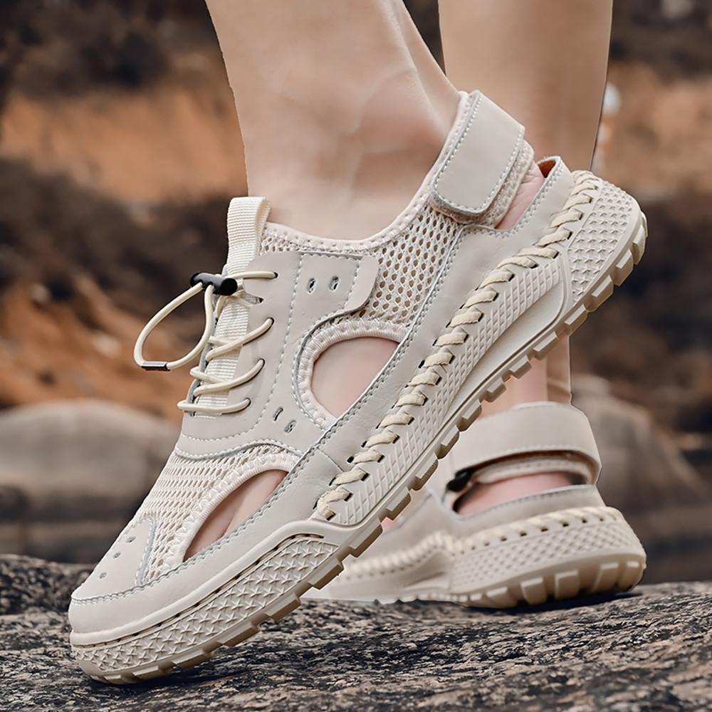 Men's Summer Leather Toe Cap Sandals, Outdoor Sports Tide Style, Handmade Hollow Mesh Beach Shoes