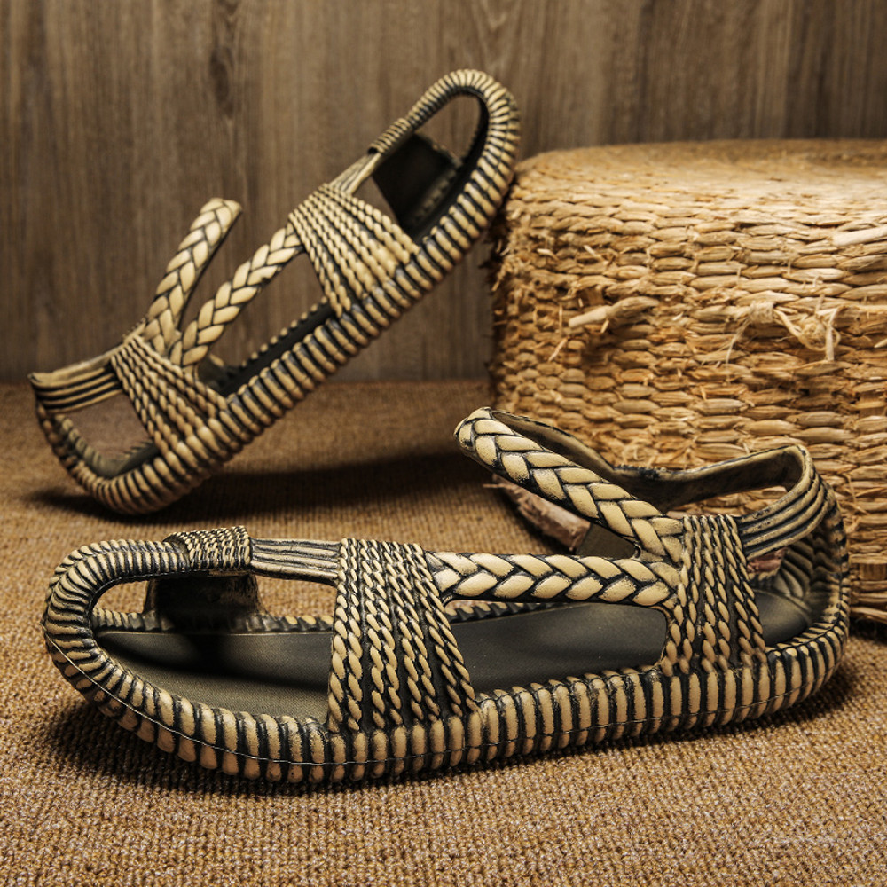 Mens Summer Straw Sandals, Comfortable Flat Casual Flip-flop Shoes, Wear-resistant Outdoor Beach Shoes