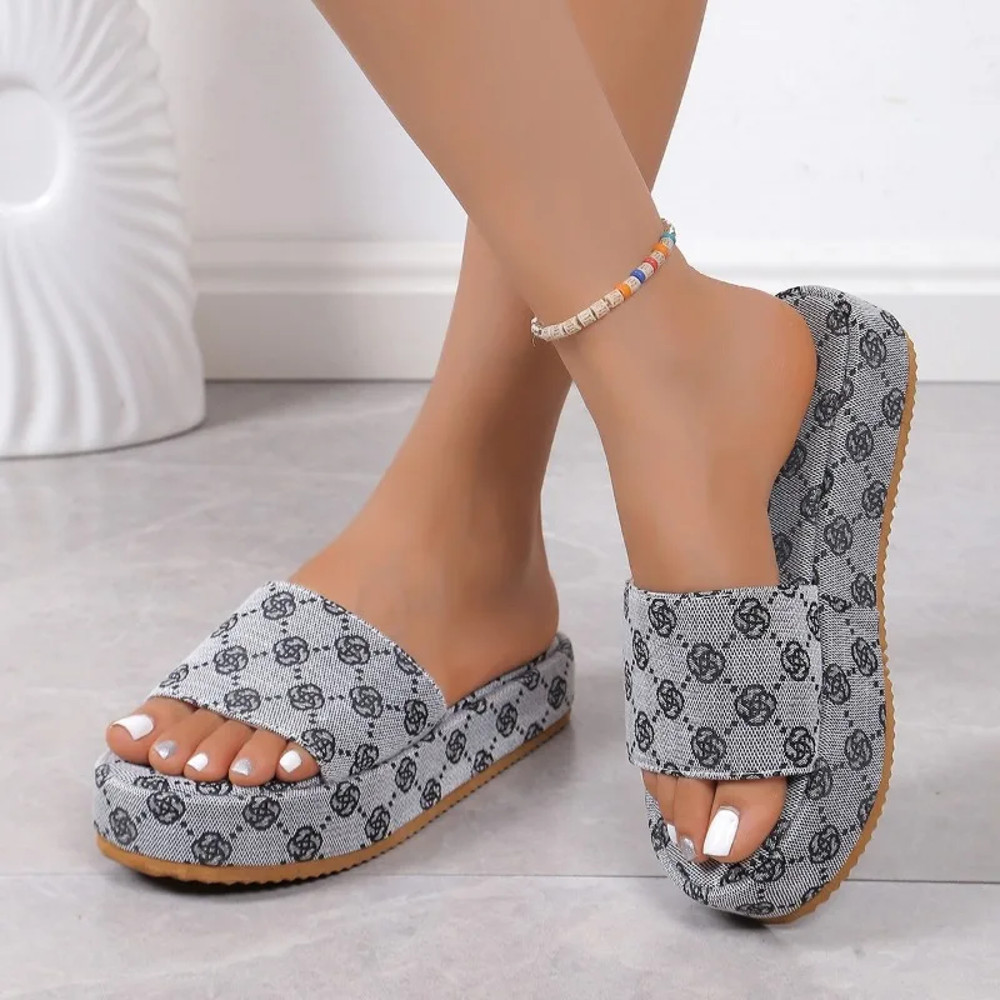 Summer Women Shoes, Floral Platform Slippers for Ladies, Designer Flat Beach Sandals, Outdoor Casual Slip-On Shoes