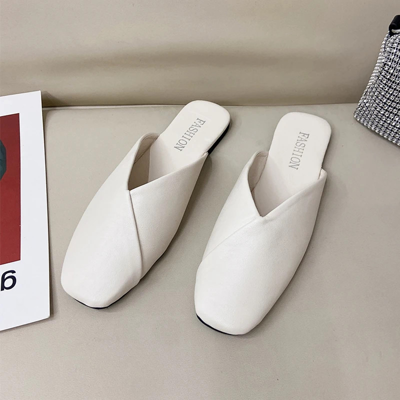 Elegant Summer Women Mules Square Closed Toe Flat Leather Slippers Casual Black White Slides For La 6