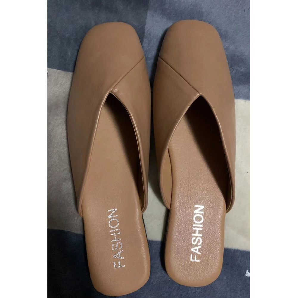 Elegant Summer Women Mules Square Closed Toe Flat Leather Slippers Casual Black White Slides For La 2