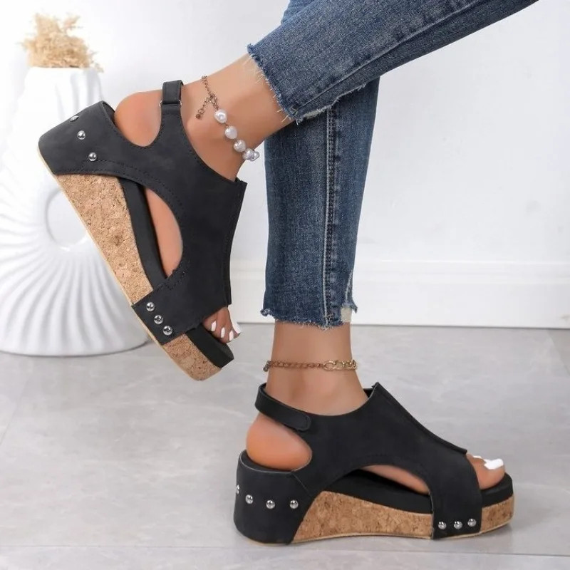 Womens Casual Shoes, Summer Peep Toe Wedge Sandals, Fashion Solid Color Flat High Heels