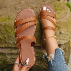 summer rimocy sandals for women, flat heel pu leather slip-on slippers, casual gladiator beach shoes