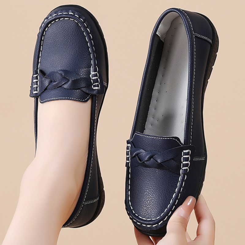 Women Leather Moccasins Shoes Round Toe Flats Slip On Black Casual Shoes 1