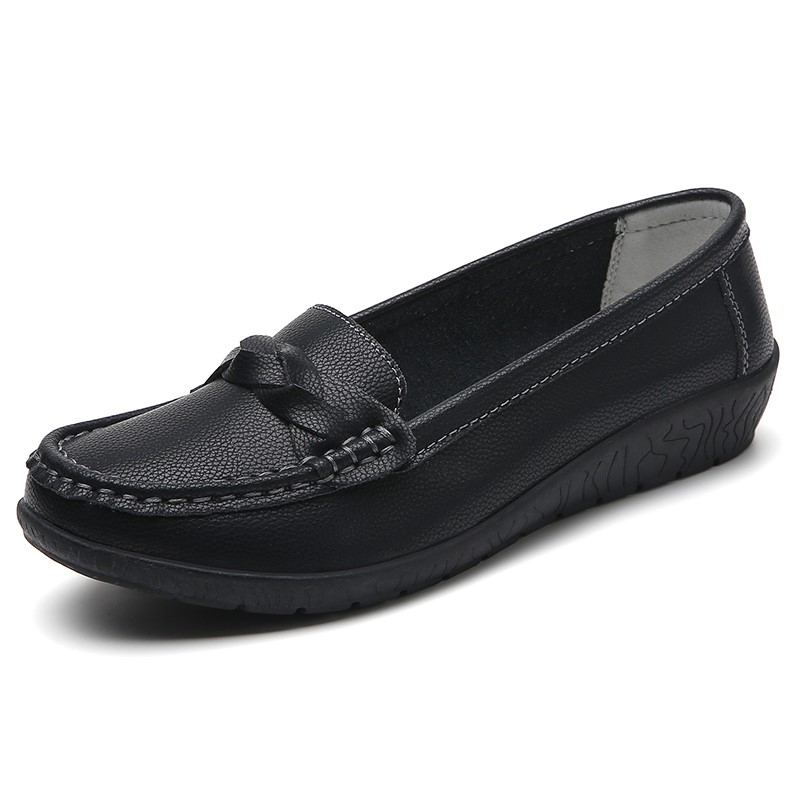 Women Leather Moccasins Shoes Round Toe Flats Slip On Black Casual Shoes 5