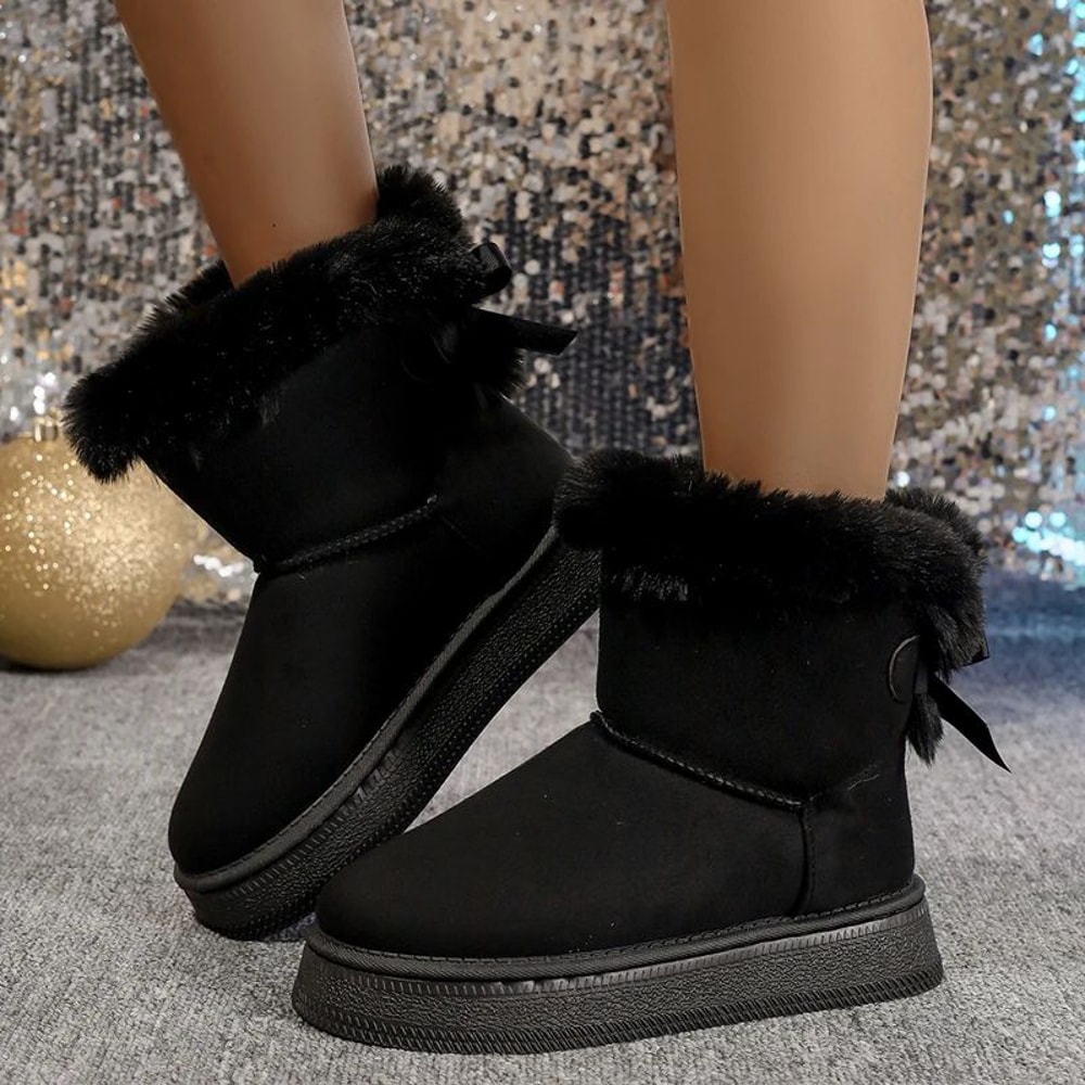 Fashionable Round Toe Snow Boots Winter Warm Velvet Soft Flat Bow Shoes For Women Students 2