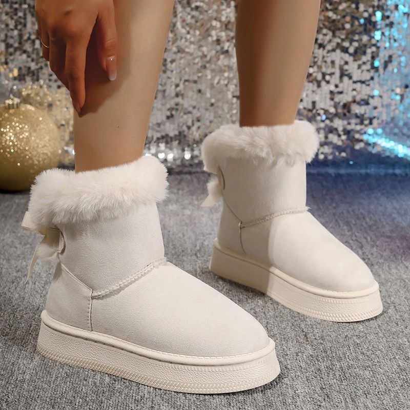 Fashionable Round Toe Snow Boots Winter Warm Velvet Soft Flat Bow Shoes For Women Students 4