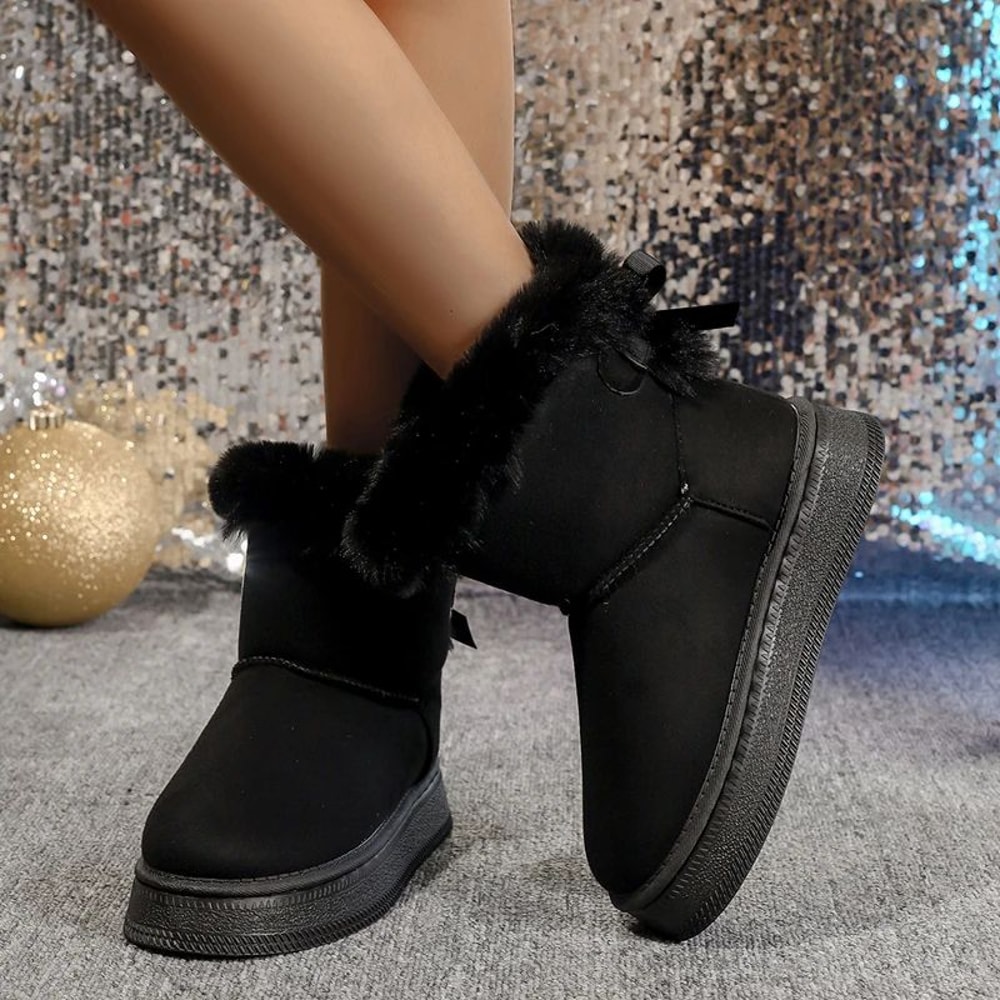 Fashionable Round Toe Snow Boots Winter Warm Velvet Soft Flat Bow Shoes For Women Students 5