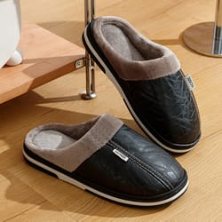 waterproof pu leather mens winter slippers with warm fur lined house shoes big size for home bedroom