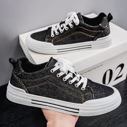 mens fashion denim sneakers new streetwear shoes, canvas trainers hip-hop tied up runway boy sneakers