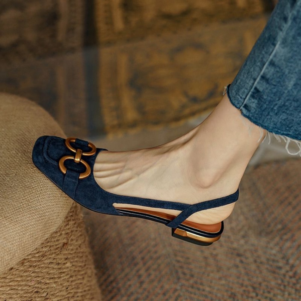 Fashion Retro Women Sandals, Elegant Low-heeled Slingback Shoes, High Quality Suede Slip on Flats, Office Ladies Sandal