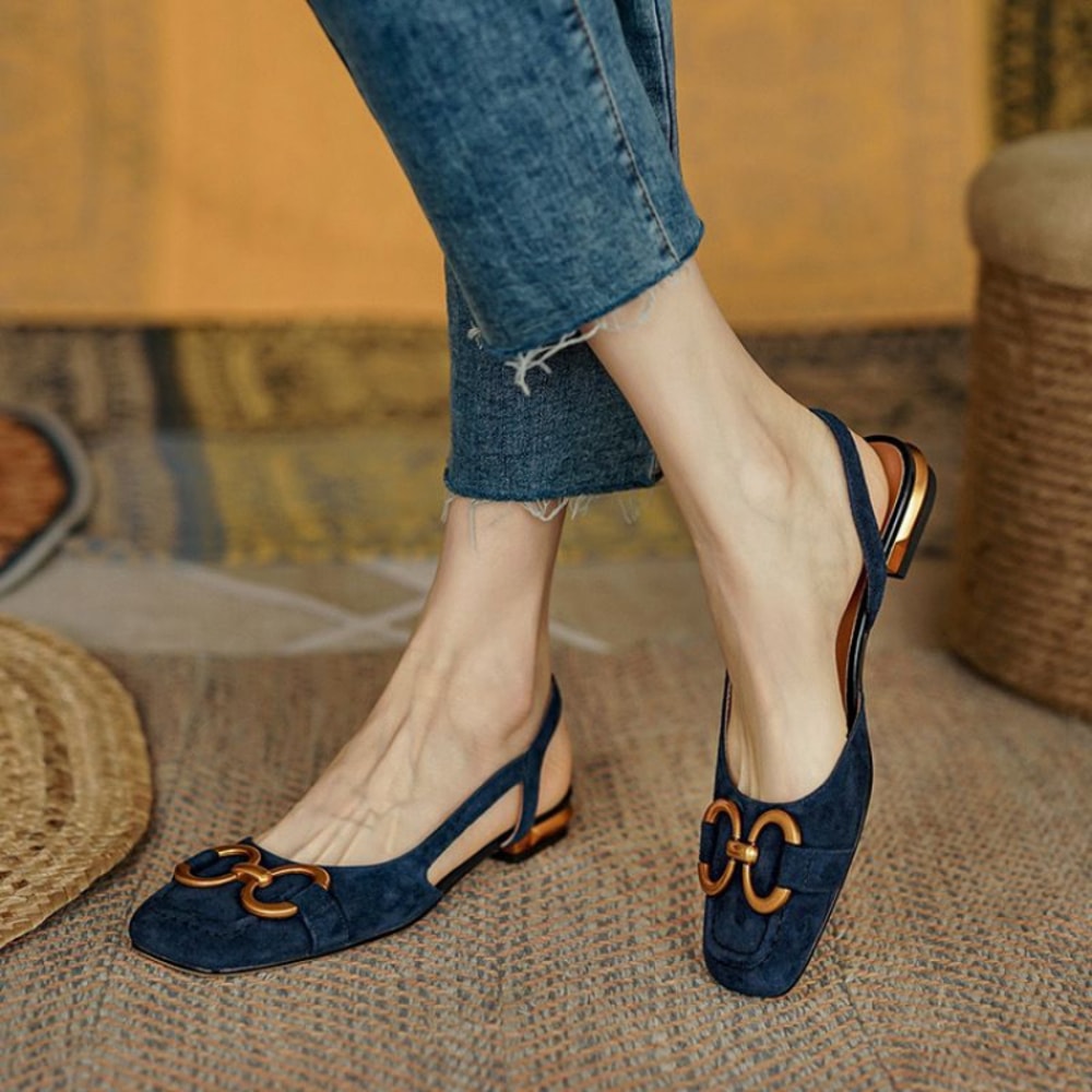 Fashion Retro Women Sandals, Elegant Low-heeled Slingback Shoes, High Quality Suede Slip on Flats, Office Ladies Sandal