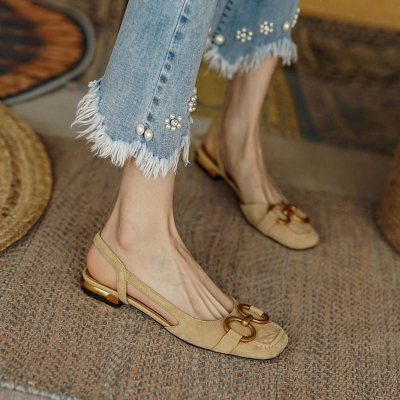 Fashion Retro Women Sandals, Elegant Low-heeled Slingback Shoes, High Quality Suede Slip on Flats, Office Ladies Sandal